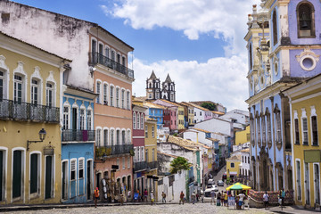 Fototapeta na wymiar Colorful colonial houses in Pelourinho, Salvador, Bahia, Brazil.