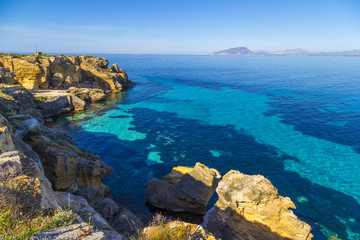 Coastline on Favignana island in Sicily, Italy, the Aegadian