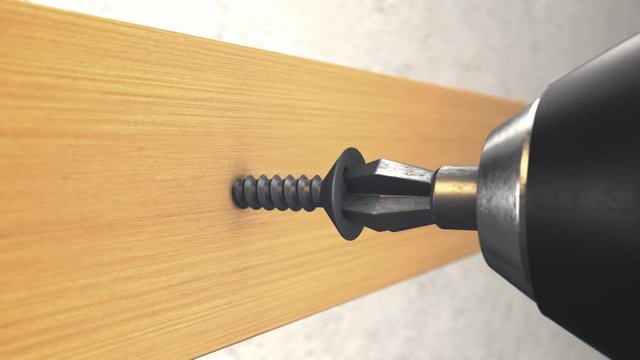 one electric screwdriver screwing a screw into  the wood (3d render)
