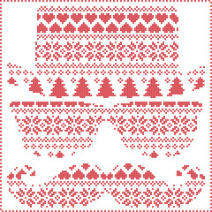 Hipster pattern in Scandinavian Nordic winter stitching  knitting  christmas style with mustache, geek sunglasses and hat with christmas presents, snow, stars, decorative ornaments on white
