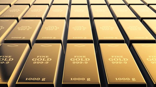 close-up view of a stack of gold bars, camera pan and zoom (3d render)