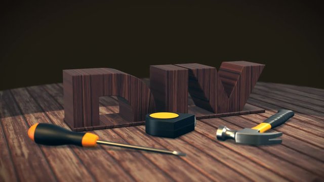 work tools on wooden background with the word: diy (3d render)