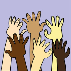 Obraz premium Hands and arms in various skin colors raised as if asking for help or attention and as an example of diversity