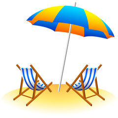 Beach umbrella and deck chairs
