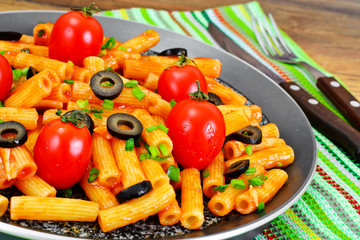 Pasta with Tomato Ketchup Sauce, Green Onions and Cheese