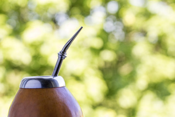 Yerba mate in gourd matero on green bokeh background.