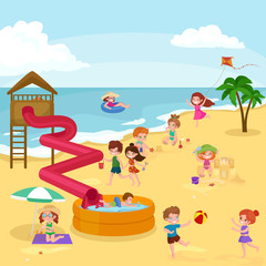 Fototapeta na wymiar Children summer vacation. Kids Playing sand around water on beach