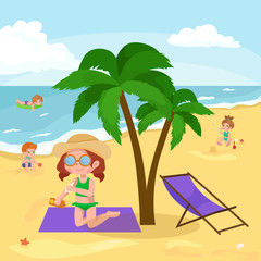 Obraz na płótnie Canvas Children summer vacation. Kids Playing sand around water on beach