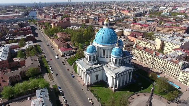 The Trinity Orthodox Cathedral building with blue domes is in downtown of St. Petersburg, Russia. Aerial view
