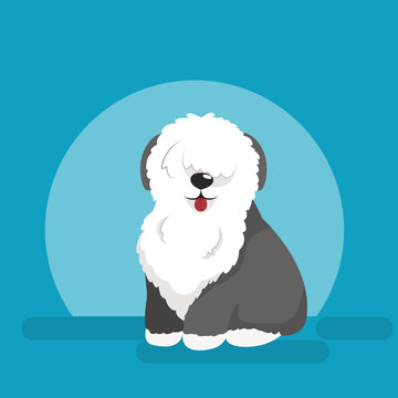 Illustration Of Sitting Funny Dog, Old English Sheepdog