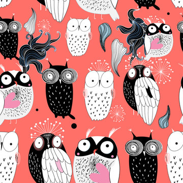 owls on a red background