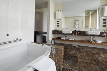 Modern bathroom interior with double sink and large mirrors, bat