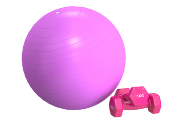 Pink Fitball and dumbbells, 3D rendering