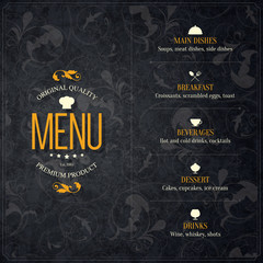 Restaurant menu design. Vector brochure template for cafe, coffee house, restaurant, bar. Food and drinks logotype symbol design. Vintage background - 110909870