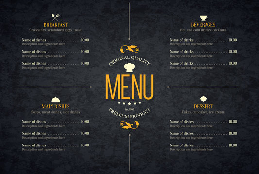 Restaurant menu design. Vector brochure template for cafe, coffee house, restaurant, bar. Food and drinks logotype symbol design. Vintage background