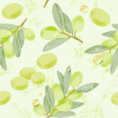 seamless pattern vintage image of olive branches with olive oil drops . vector illustration