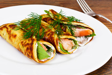 Pancake Rolls with Salmon Fried, Goat Cheese, Fennel and Wild Ga