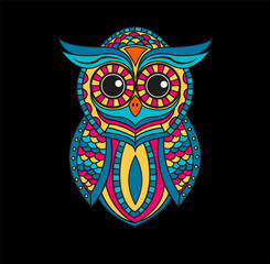 Colored decorated owl vector isolated on black, civetta decorata colorata vettoriale su sfondo nero