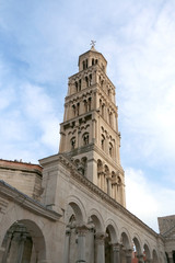 Fototapeta na wymiar Saint Domnius bell tower on Peristil Square in Split, Croatia. Split is famous travel destination and UNESCO World Heritage Site. 