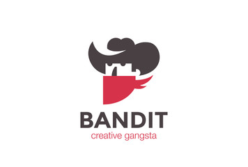 Cowboy in Hat Bandit Logo design vector template Negative space style...Western Gangster man Logotype. Wild west concept icon. - obrazy, fototapety, plakaty