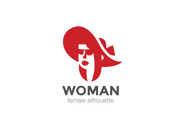 Beautiful Woman in Hat silhouette Logo design vector template Negative space style...Female Head Logotype concept icon