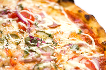 Pizza with bacon close up isolated on white background
