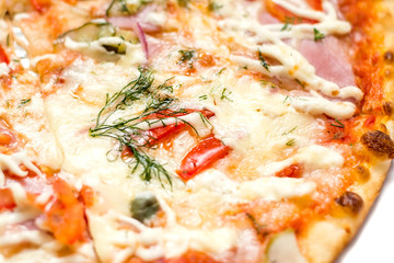 Pizza with bacon close up isolated on white background
