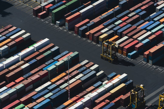 Aerial view of angled cargo containers, Port Melbourne, Melbourne, Victoria, Australia