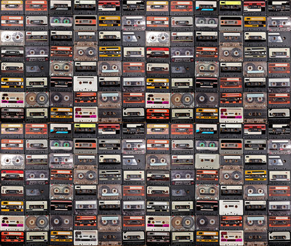 Huge collection of audio cassettes. Retro musical background