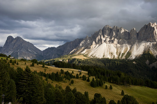View of storm clouds over mountains, Dolomites, Plose, South Tyrol, Italy