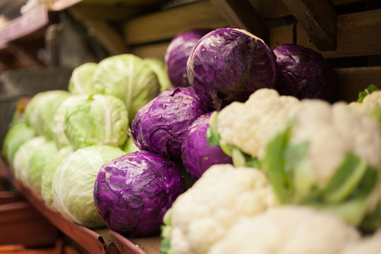 Row of cauliflowers and cabbages in health food shop