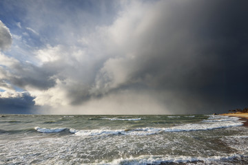 Baltic sea beach in Liepaja, Latvia, during storm