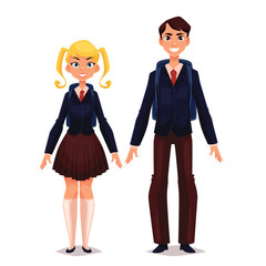 Students in school uniform, vector cartoon comic illustration isolated on a white background, two schoolboy boy and girl standing at full length in a school uniform