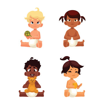 Babies in diapers of different nationalities, comic cartoon vector illustration isolated on white, four baby in diapers sitting, different nationalities, Mexican baby African Asian and European