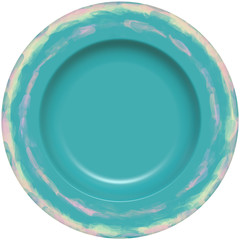 Isolated empty round glazed plate with decorative frame