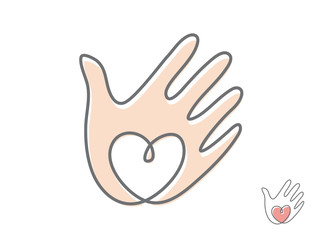Vector hand with heart logo design. Arm with heart logo. Hand care logo. Protection logo. Love logo. Hand icon. Vector logo design. 
