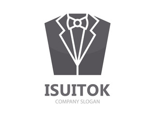 Vector tuxedo logo design. Jacket logo. Suit logo. Tuxedo with butterfly icon. Suit logo template. Suit  logotype. Suit shape. Suit icon. 