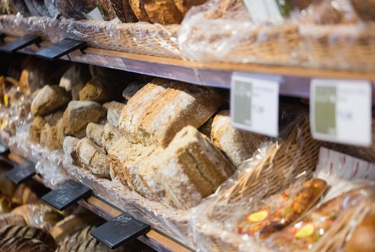 Focus on Shelves with bread