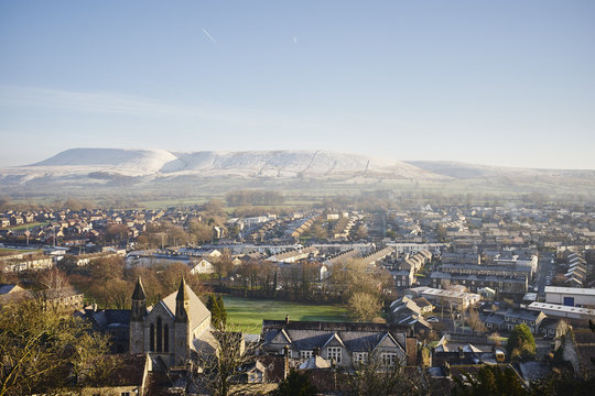 Elevated view of town, Clitheroe, Lancashire, UK