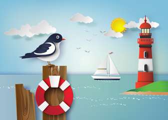 Fototapeta premium Seagull standing on a wooden post