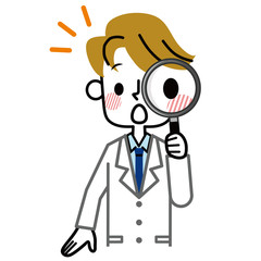 白衣　男性　虫眼鏡　驚く