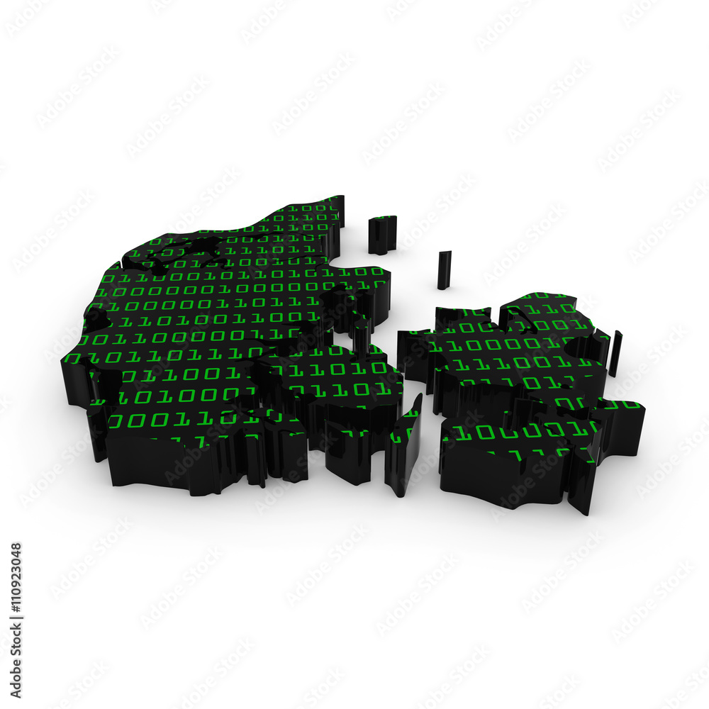 Poster danish technology industry concept image - 3d illustration map outline of denmark with green binary 