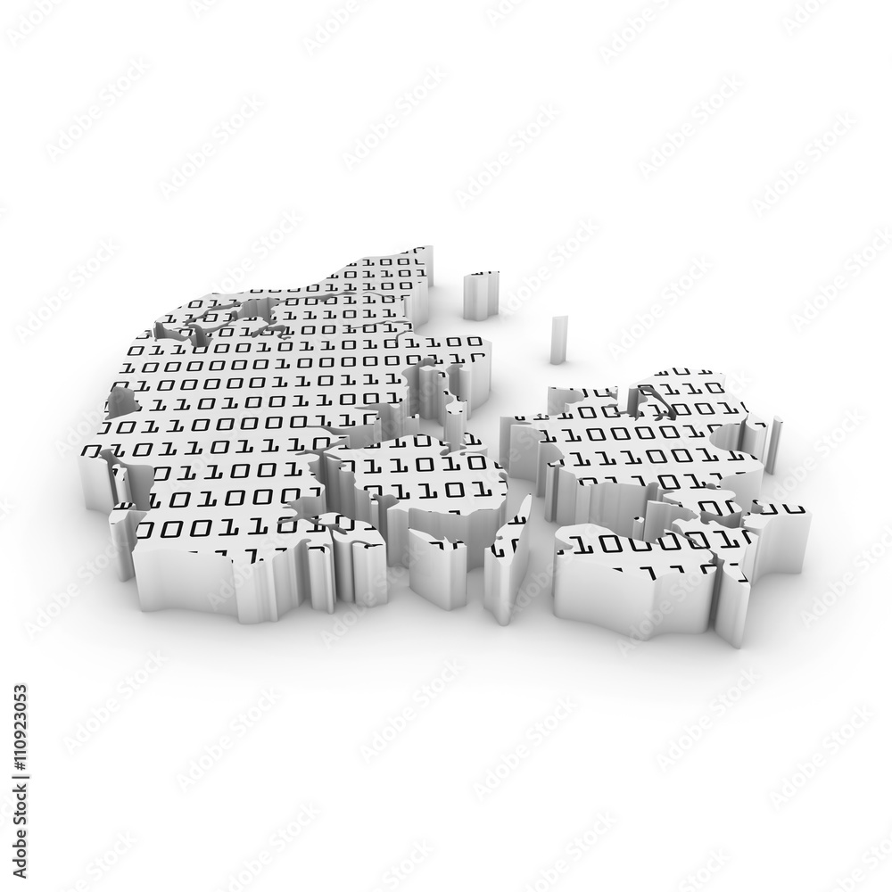 Poster danish technology industry concept image - 3d illustration map outline of denmark with black and whi
