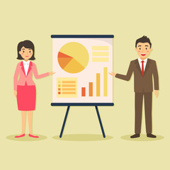 Illustration of businessman and businesswoman giving presentation with business graph on big screen board.