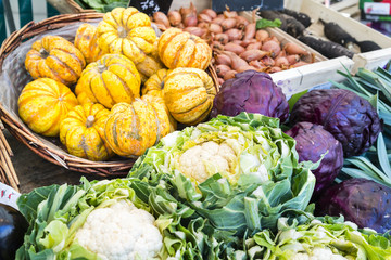 Colored vegetables in a market in Paris, France