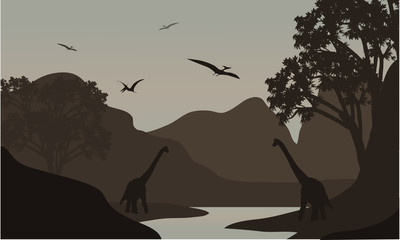 pterodactyl and brachiosaurus silhouette in river