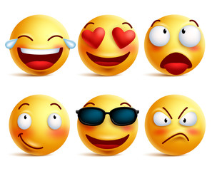Naklejka premium Smiley face icons or yellow emoticons with emotional funny faces in glossy 3D realistic isolated in white background. Vector illustration 