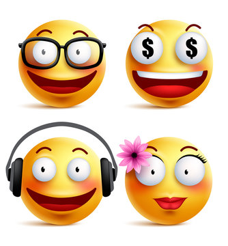Emoji yellow emoticons or smiley faces collection with funny emotions in glossy 3D realistic isolated in white background. Vector illustration
