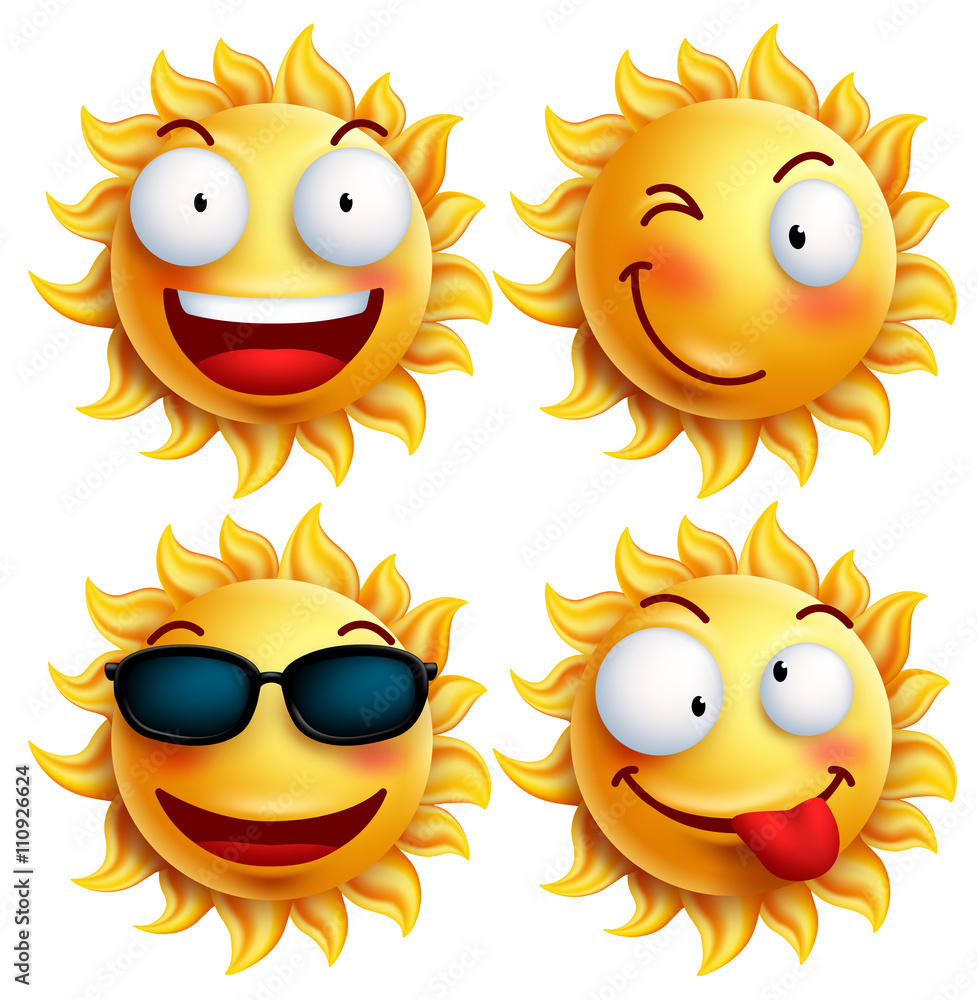 Poster set of sun character with funny facial expressions in glossy 3d realistic for summer isolated in whi