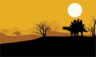 Fototapeta na wymiar At sunset stegosaurus in fields scenery